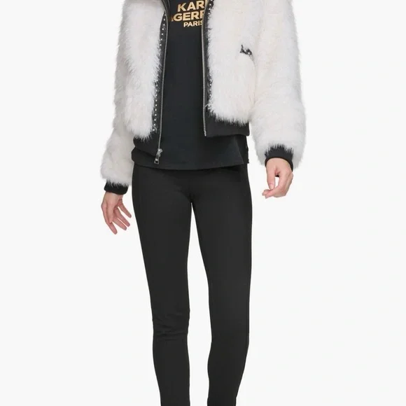 White Faux Fur Bomber Jacket with Studded Zip Front - Picture 2 of 10